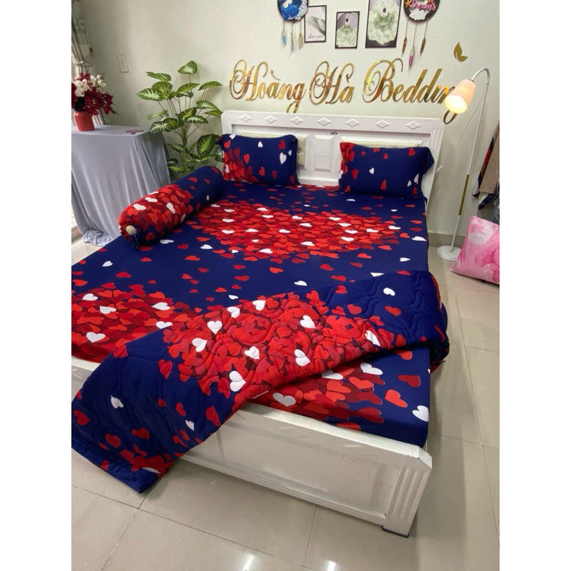 Ga giường thun lạnh TIM XANH ĐEN (ôm cột dây)