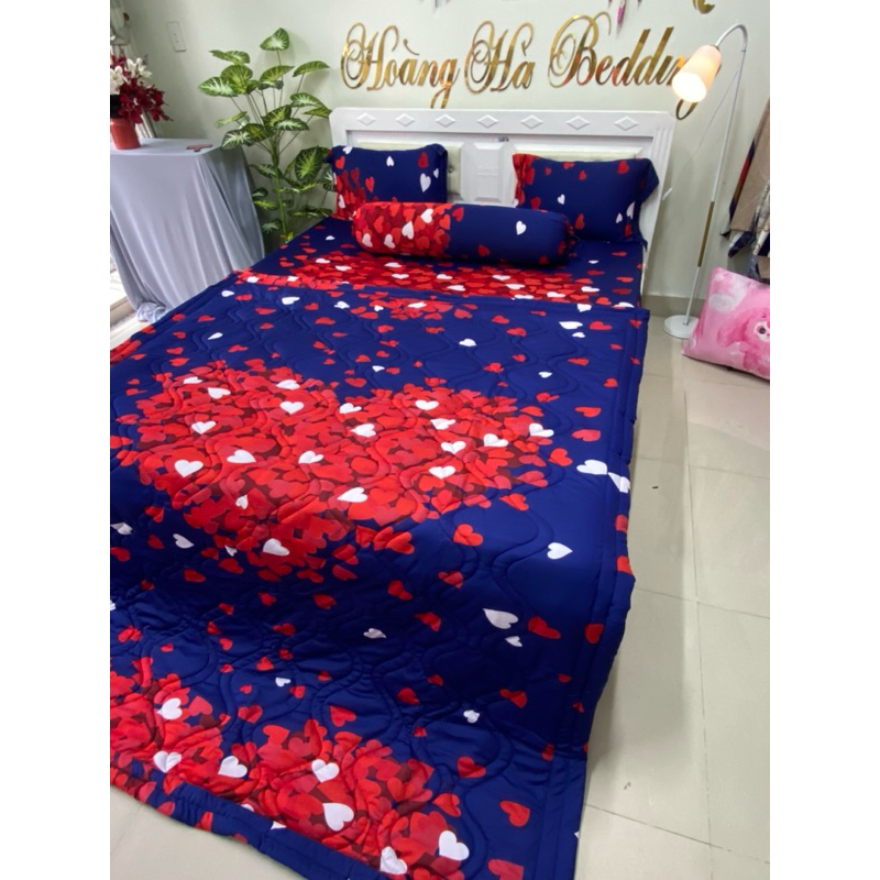 Ga giường thun lạnh TIM XANH ĐEN (ôm cột dây)