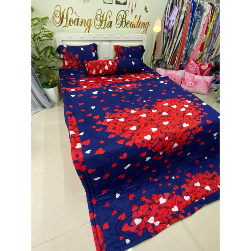 Ga giường thun lạnh TIM XANH ĐEN (ôm cột dây)