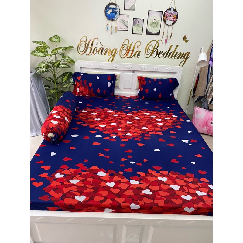Ga giường thun lạnh TIM XANH ĐEN (ôm cột dây)
