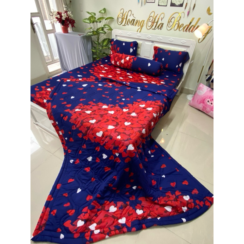 Ga giường thun lạnh TIM XANH ĐEN (ôm cột dây)