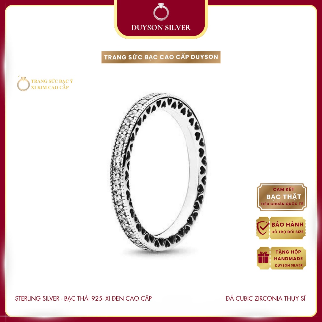 Nhẫn bạc Thái 925 xi đen cao cấp DUYSON SILVER, Nhẫn bạc đính đá mix dải tim đeo ngón trỏ cá tính NXK66