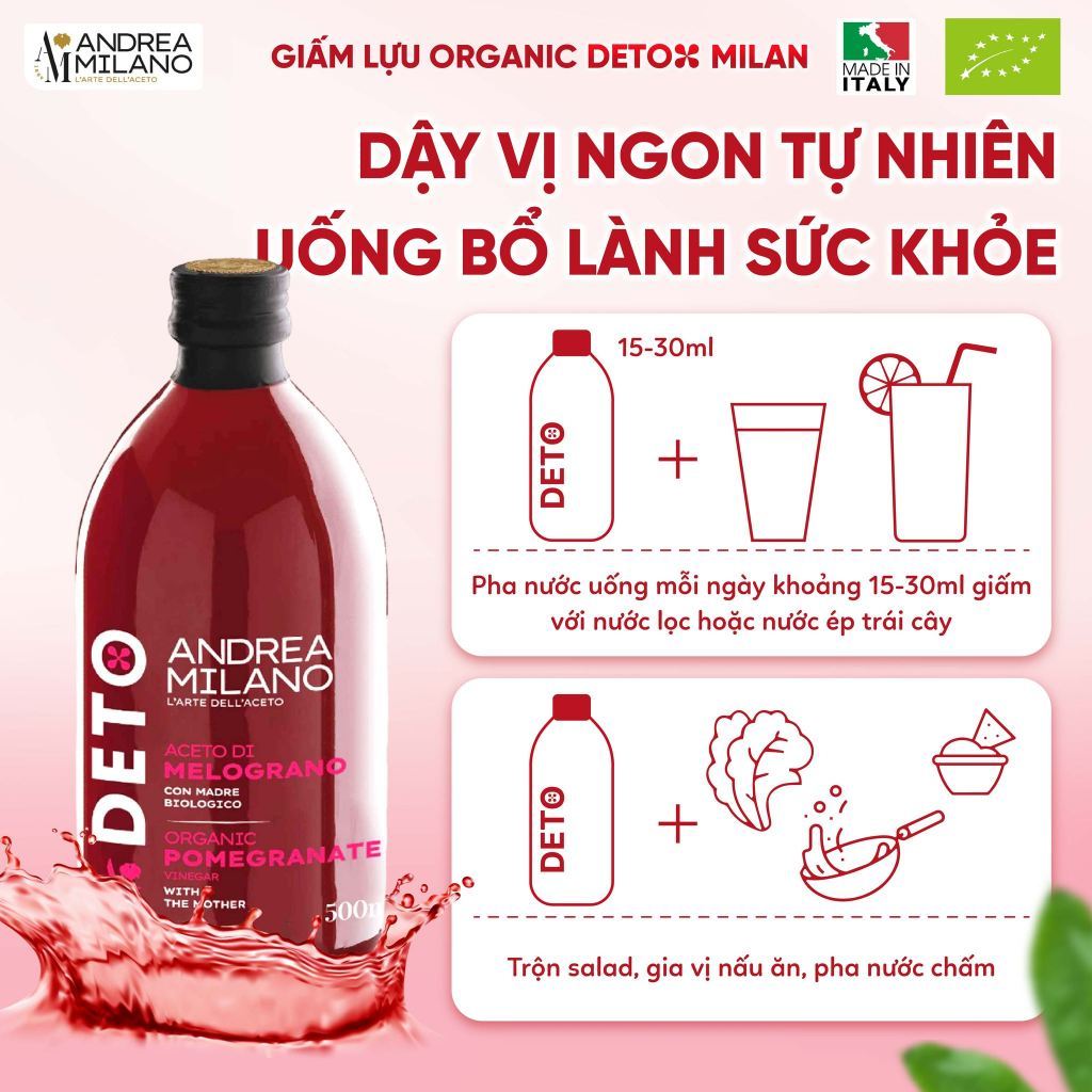 Giấm Lựu Detox hữu cơ Có giấm cái Milan Organic Pomegranate Vinegar With The Mother 500ml