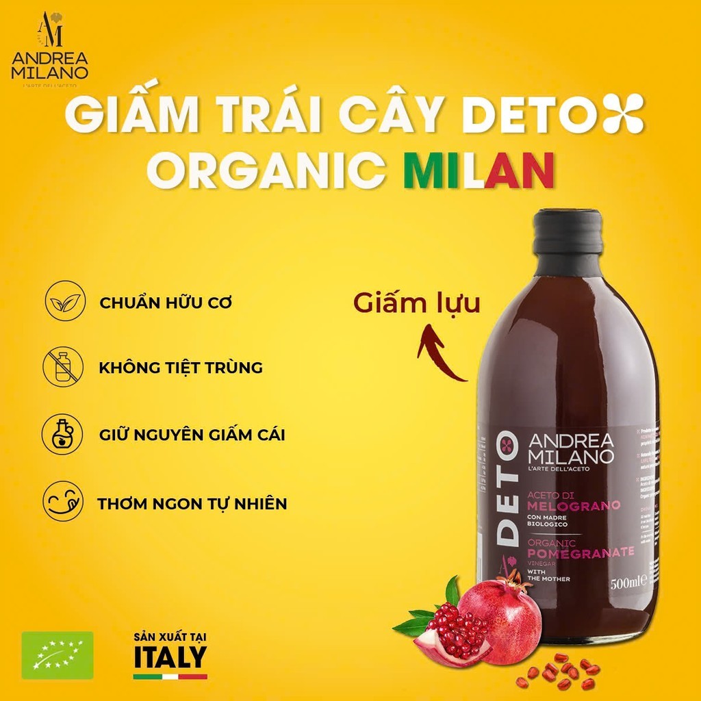 Giấm Lựu Detox hữu cơ Có giấm cái Milan Organic Pomegranate Vinegar With The Mother 500ml