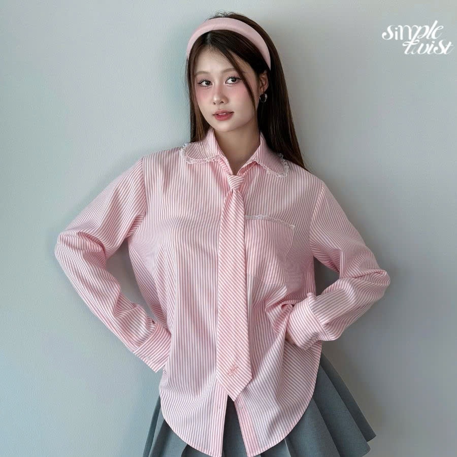 Ảnh Áo sơ mi kẻ sọc kèm cà vạt tay dài màu xám và hồng Sweetheart Top thanh lịch công sở - Simple Twist 3