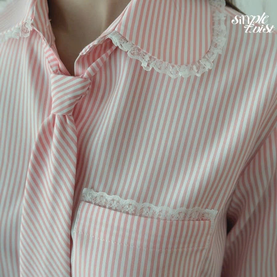 Ảnh Áo sơ mi kẻ sọc kèm cà vạt tay dài màu xám và hồng Sweetheart Top thanh lịch công sở - Simple Twist 4