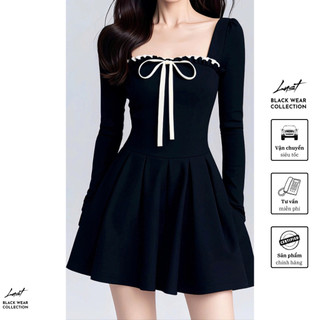 Váy thiết kế cổ vuông phối nơ trắng bồng xòe LUST chất liệu dày dặn T840