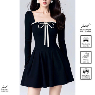Váy thiết kế cổ vuông phối nơ trắng bồng xòe LUST chất liệu dày dặn T840