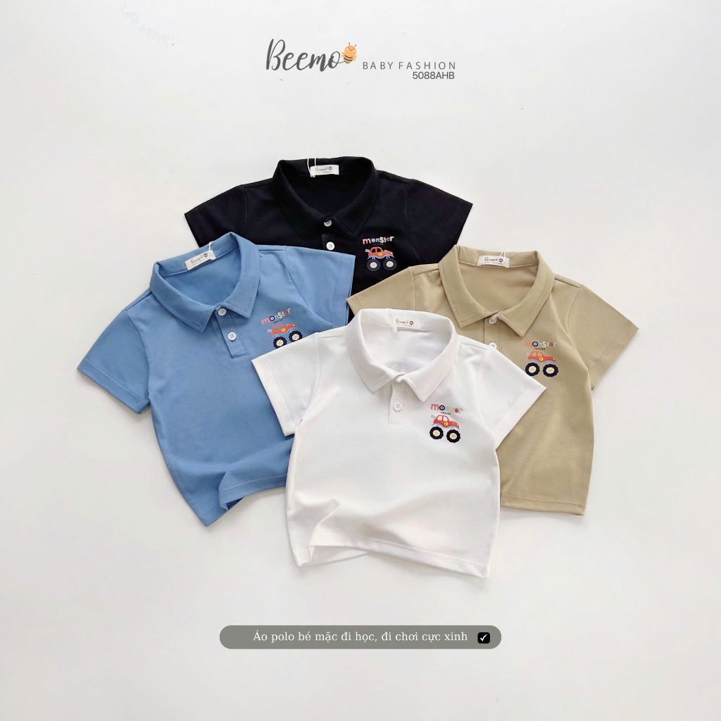 Áo phông cổ đức cộc tay in hoạ tiết ô tô, áo thun cotton cổ đức bé trai in hoạ tiết ô tô