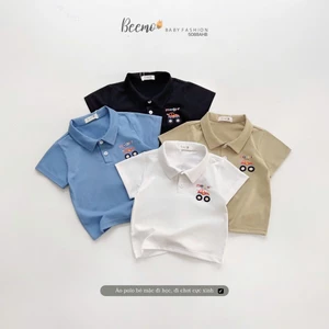 Áo phông cổ đức cộc tay in hoạ tiết ô tô, áo thun cotton cổ đức bé trai in hoạ tiết ô tô