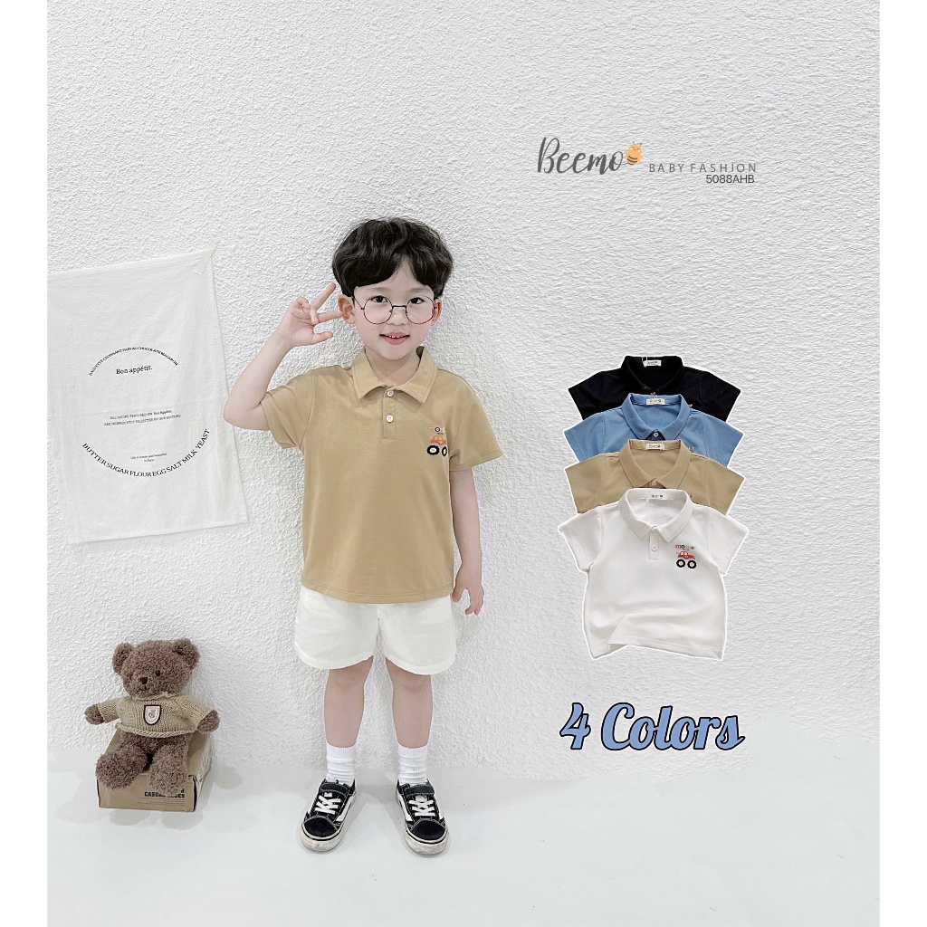 Áo phông cổ đức cộc tay in hoạ tiết ô tô, áo thun cotton cổ đức bé trai in hoạ tiết ô tô