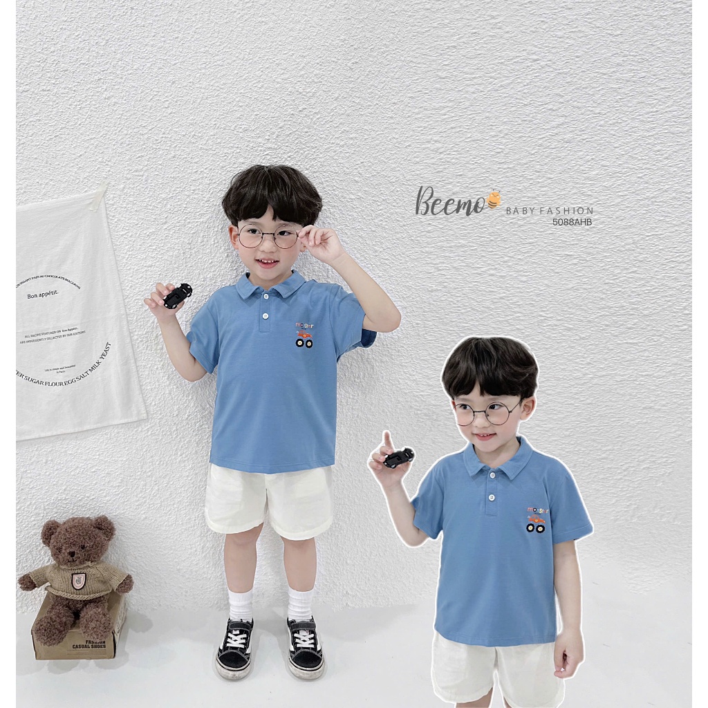 Áo phông cổ đức cộc tay in hoạ tiết ô tô, áo thun cotton cổ đức bé trai in hoạ tiết ô tô