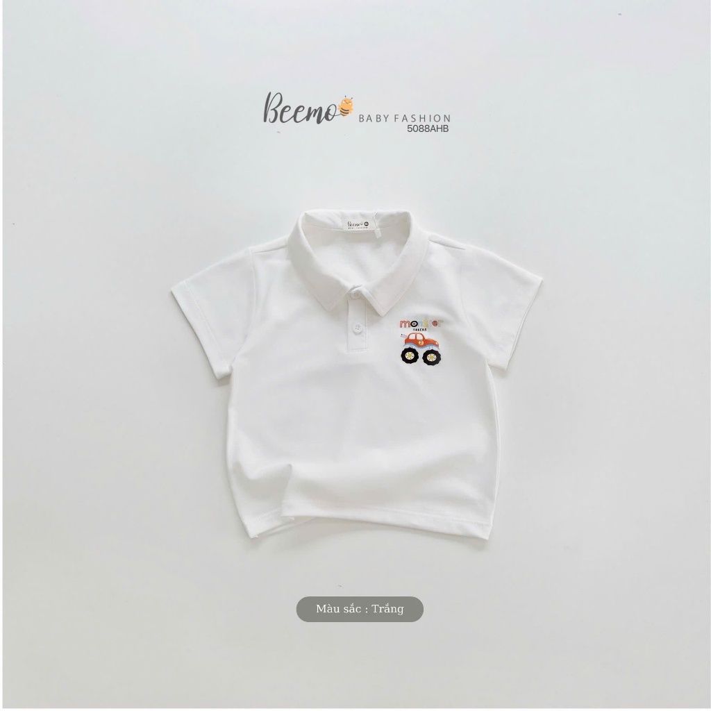 Áo phông cổ đức cộc tay in hoạ tiết ô tô, áo thun cotton cổ đức bé trai in hoạ tiết ô tô