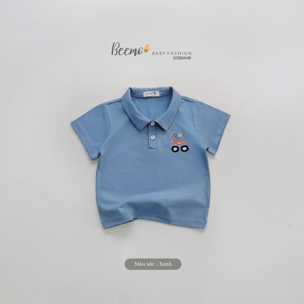 Áo phông cổ đức cộc tay in hoạ tiết ô tô, áo thun cotton cổ đức bé trai in hoạ tiết ô tô