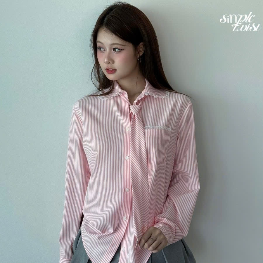 Ảnh Áo sơ mi kẻ sọc kèm cà vạt tay dài màu xám và hồng Sweetheart Top thanh lịch công sở - Simple Twist 2