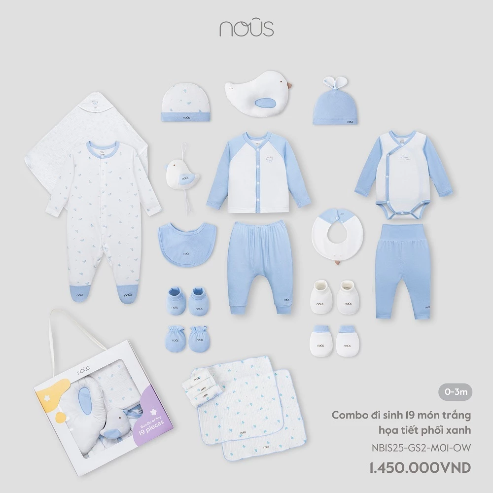Nous Newborn Combo đi sinh, set quà tặng 16, 18 và 19 món sơ sinh phối màu sắc bé dưới 5.5kg BST T5
