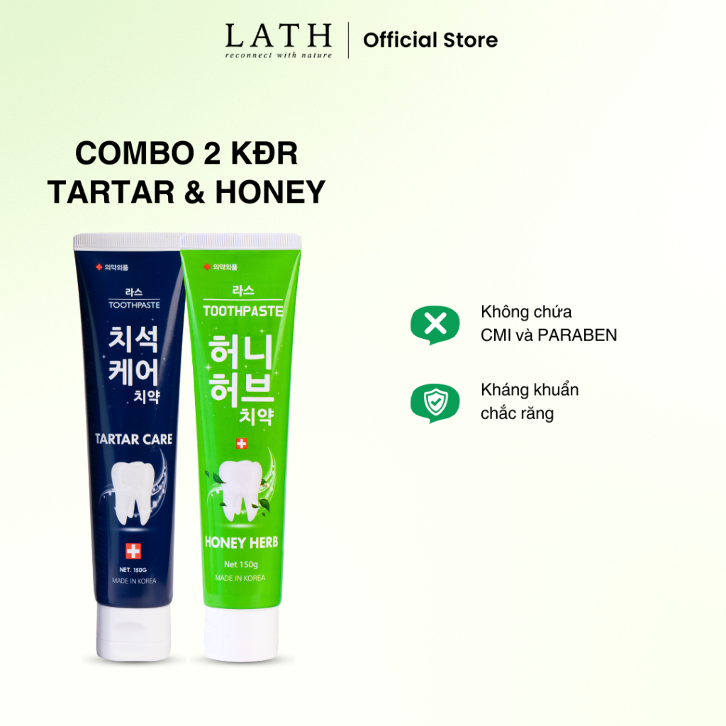 Combo 2 kem đánh răng (Honey+Tartar) Lath Beauty kem đánh trắng răng Hàn Quốc giúp thơm miệng the mát khoang họng 150gx2