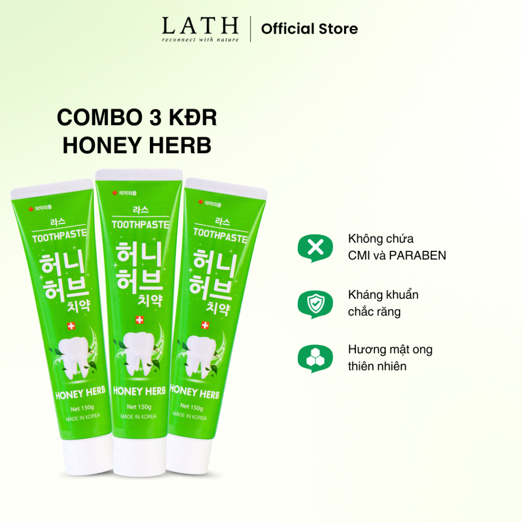 Combo 3 Kem đánh răng Hàn Quốc Lath Honey Herb, giảm mùi hôi miệng, chắc khỏe nướu và răng 150gX3