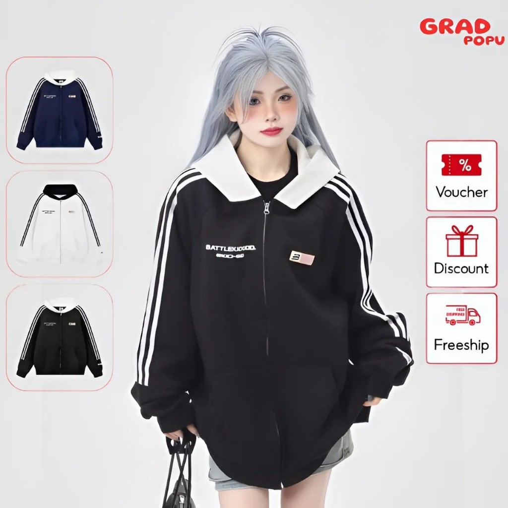 Áo khoác nữ GRADPOPU PAK11 phối sọc năng động chất nỉ mỏng chống gió, áo khoác ngoài có mũ trùm đầu phong cách thể thao