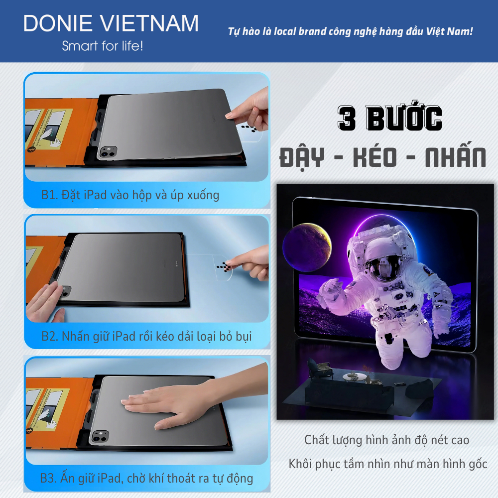 [Premium - Siêu Bền] Kính Cường Lực iPad Khung Tự Dán Cho Gen 10/11 Air 4/5/6/7 Pro 11 | DONIE C03