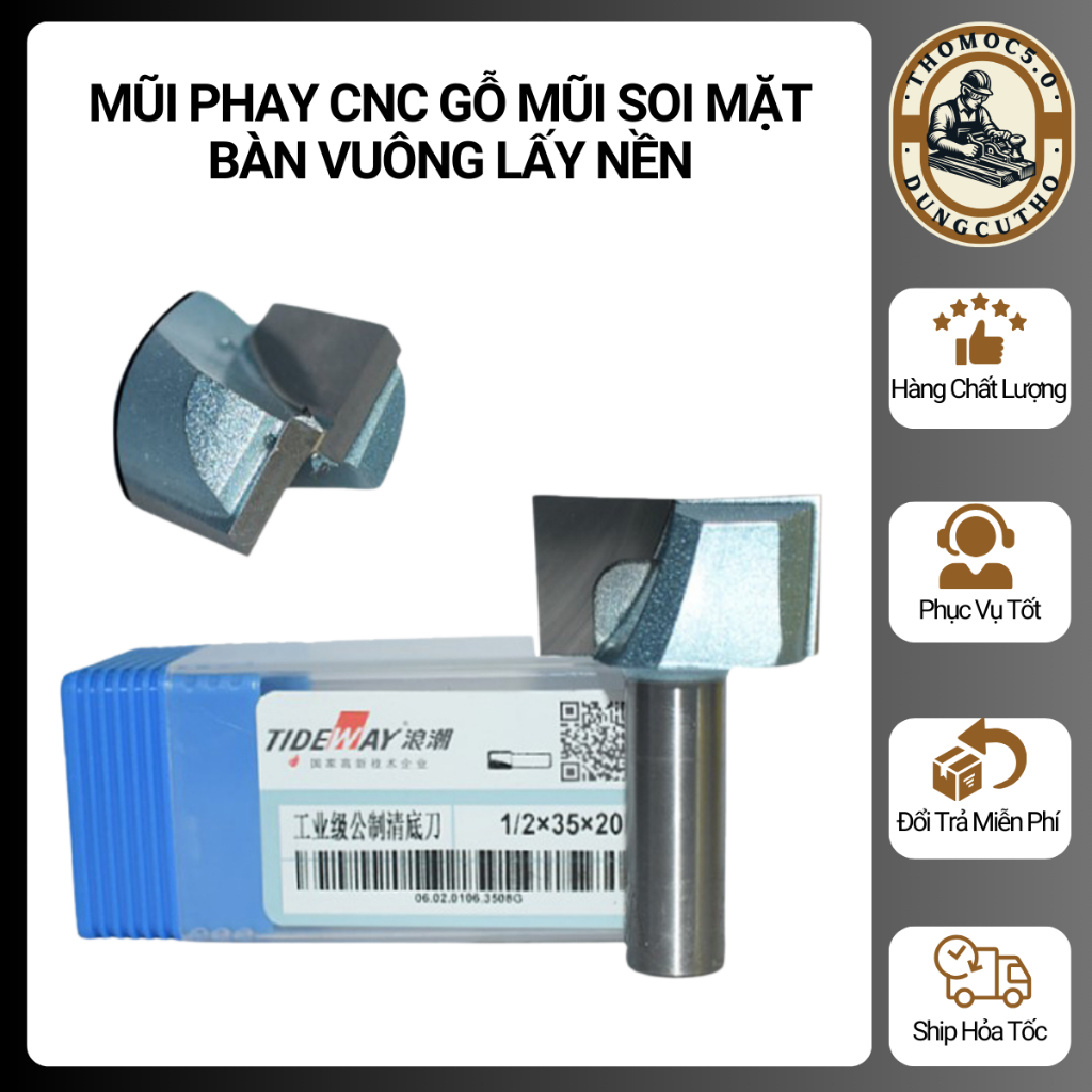 Mũi Soi Gỗ, Mũi phay CNC Gỗ TIDEWAY TLWC0106 Cốt 12.7mm - Phay Rãnh, Soi Góc Vuông, Đánh Nền Gỗ
