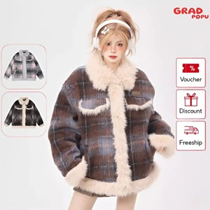 Áo khoác lông cừu nữ dày dặn GRADPOPU PAK20 kẻ sọc basic chần bông mặt trong siêu ấm cho mùa đông