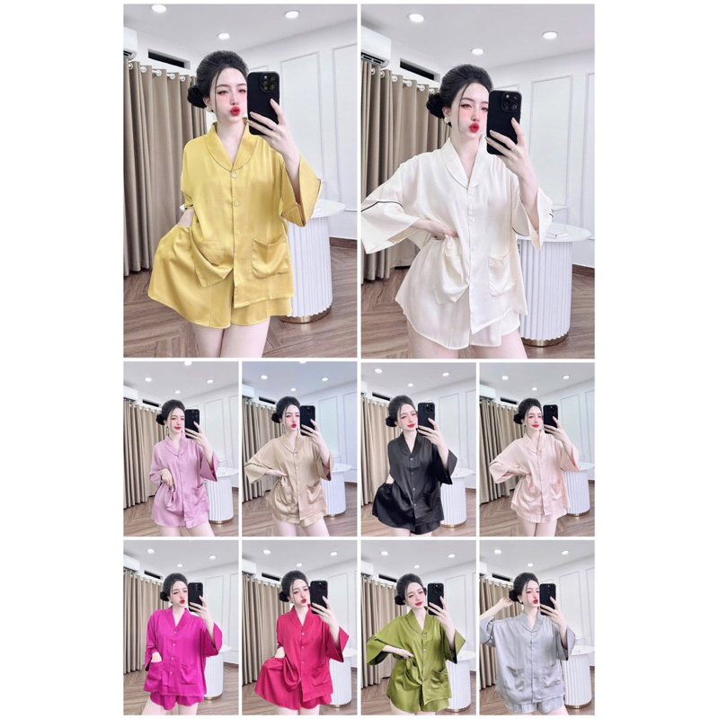 45-65kg Bộ pijama mặc nhà cho nữ đùi lụa mịn cổ Sam mềm mát