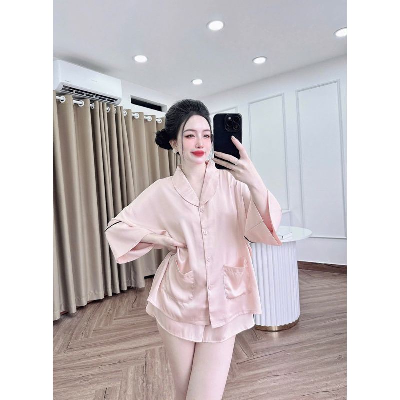 45-65kg Bộ pijama mặc nhà cho nữ đùi lụa mịn cổ Sam mềm mát
