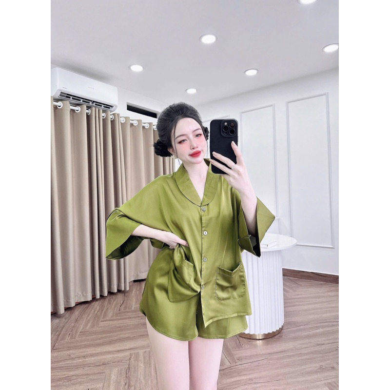45-65kg Bộ pijama mặc nhà cho nữ đùi lụa mịn cổ Sam mềm mát