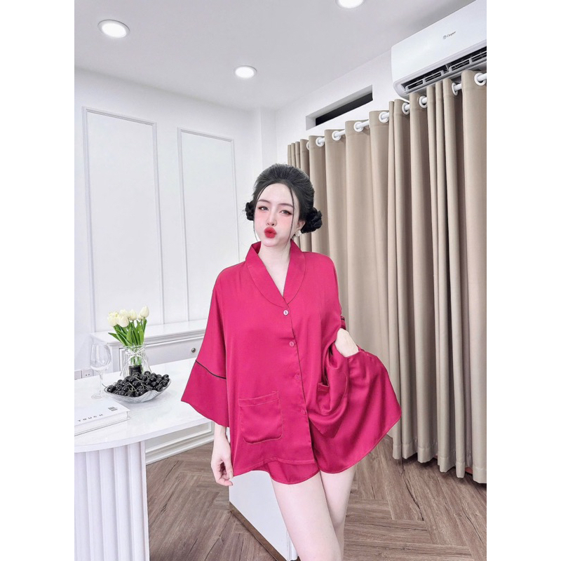 45-65kg Bộ pijama mặc nhà cho nữ đùi lụa mịn cổ Sam mềm mát