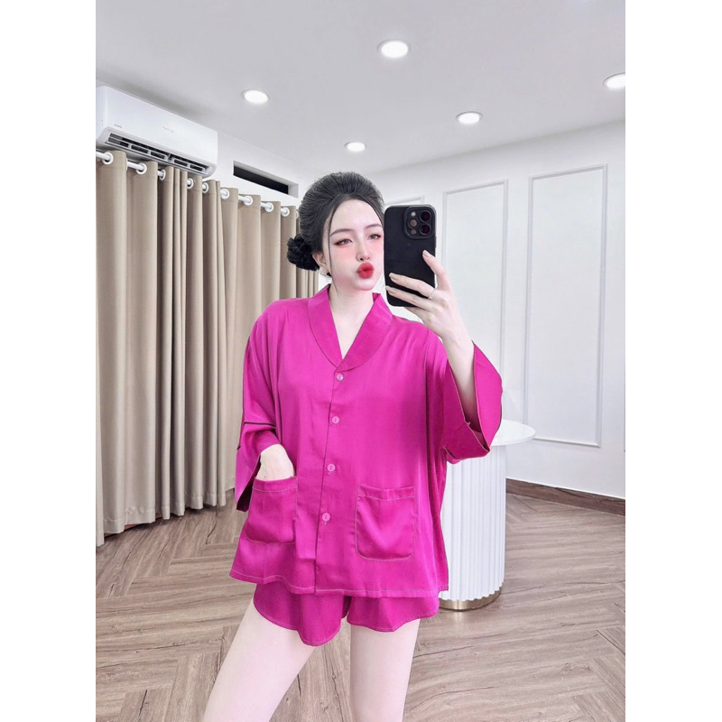 45-65kg Bộ pijama mặc nhà cho nữ đùi lụa mịn cổ Sam mềm mát