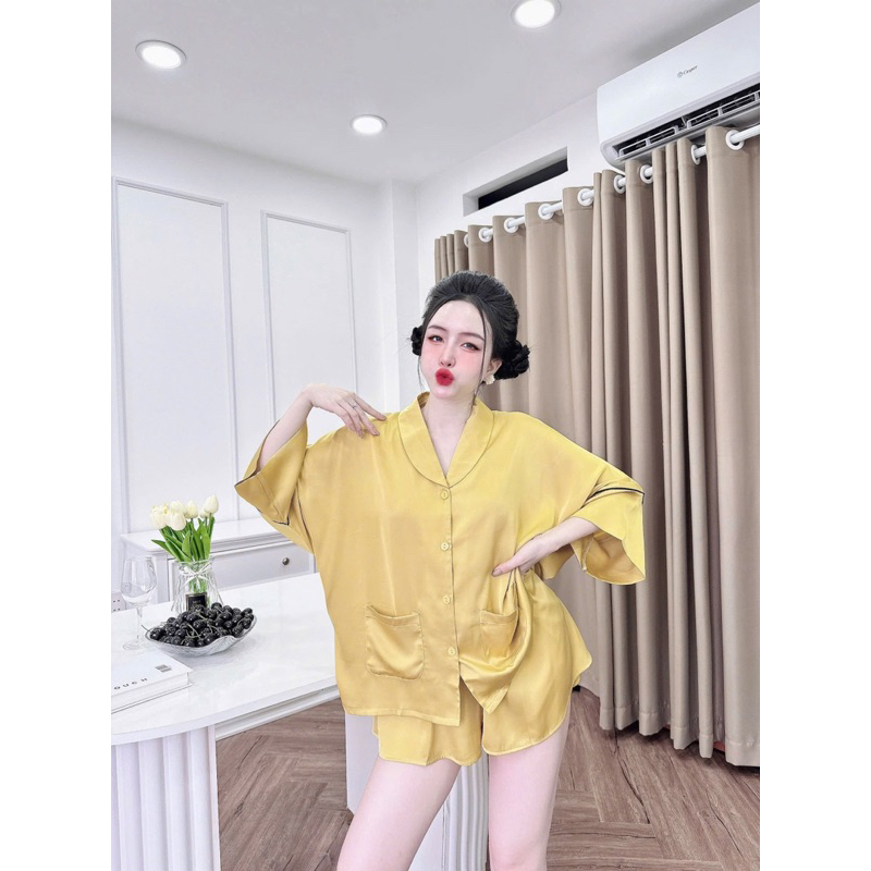 45-65kg Bộ pijama mặc nhà cho nữ đùi lụa mịn cổ Sam mềm mát