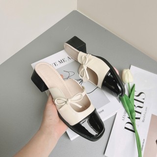 Sục nữ hở gót 4-5p mũi vuông đính nơ nhỏ cạnh xinh xắn phong cách Hàn Quốc Mã V232