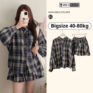 Set nữ BIGSIZE set áo sơ mi kẻ caro cổ tàu tay bồng phối dây buộc nơ mix chân váy xoè bí phồng 1303