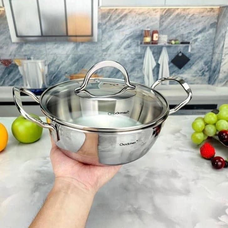 Nồi Lẩu Chockmen 18cm Inox 18/10 Cao Cấp Nắp Kính Cường Lực Đáy Đúc Liền Nồi Nấu Lẩu Súp Mì CKM102