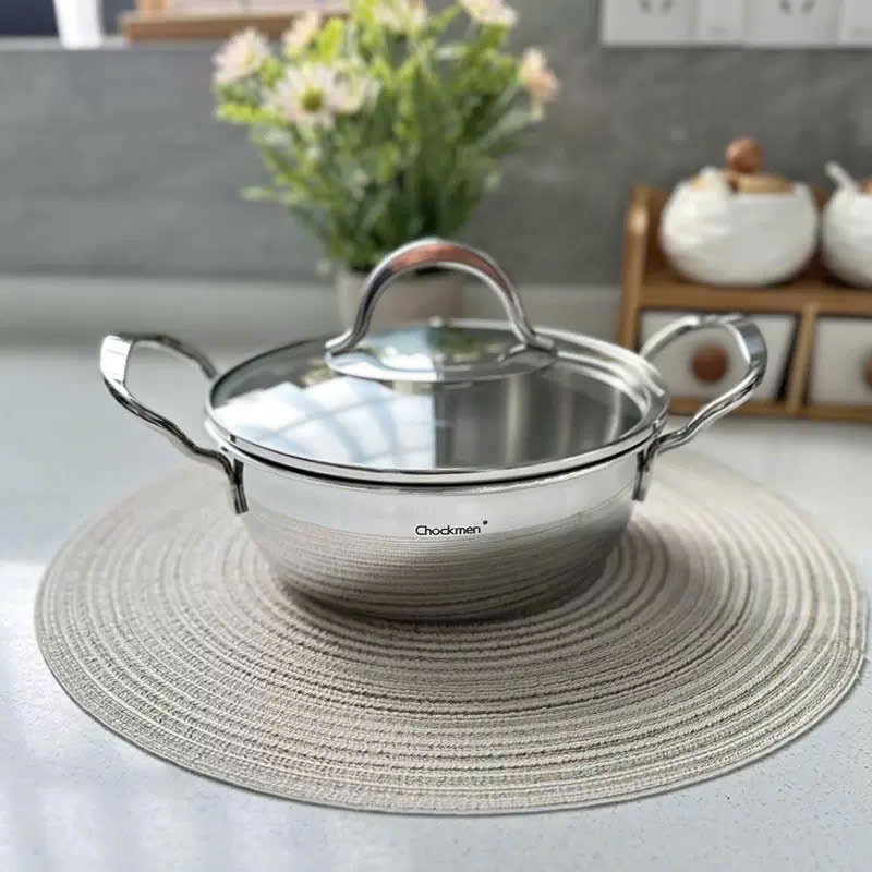 Nồi Lẩu Chockmen 18cm Inox 18/10 Cao Cấp Nắp Kính Cường Lực Đáy Đúc Liền Nồi Nấu Lẩu Súp Mì CKM102