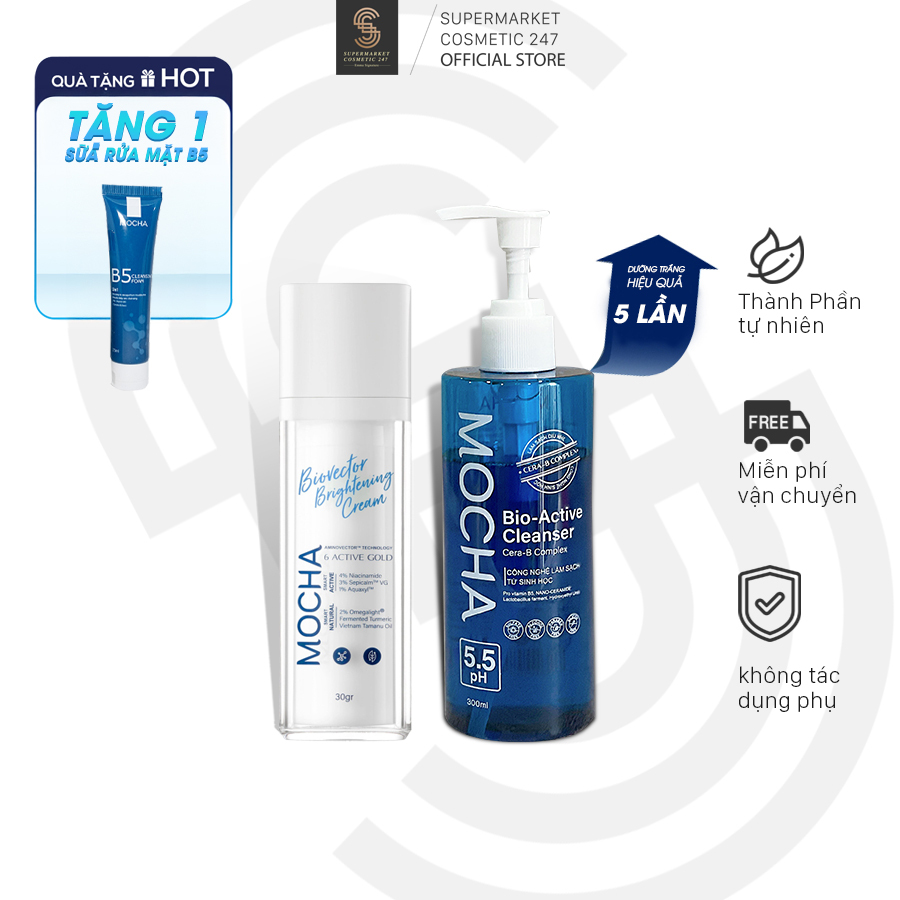 Combo Kem Dưỡng Sáng Mocha Biovector 6 Active và Sữa Rửa Mặt Mocha Bio Active Cleanser mocha