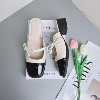 Giày Sục nữ hở gót đính nơ cạnh mũi vuông Mã V232