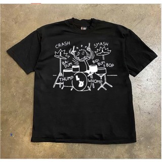 Áo Phông Hè Nam Nữ Cổ Tròn Phối Hình Người Đàn Ông Đánh Trống Phong Cách Trẻ Trung, Chất Vải Cotton Khô Mềm Mịn