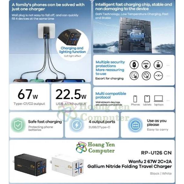 Cốc Sạc 4 Cổng Remax RP-U126 67W (2 Cổng USB, 2 Cổng Type C, Chân Cắm Gập Lại) - BH 1 năm - Hoangyencomputer