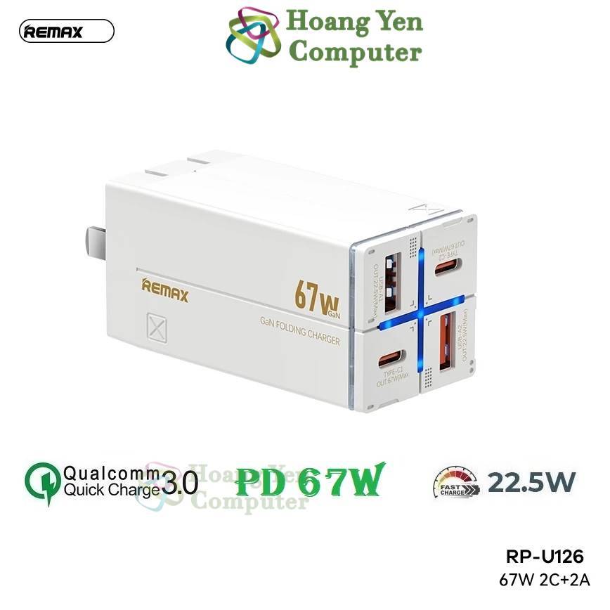 Cốc Sạc 4 Cổng Remax RP-U126 67W (2 Cổng USB, 2 Cổng Type C, Chân Cắm Gập Lại) - BH 1 năm - Hoangyencomputer