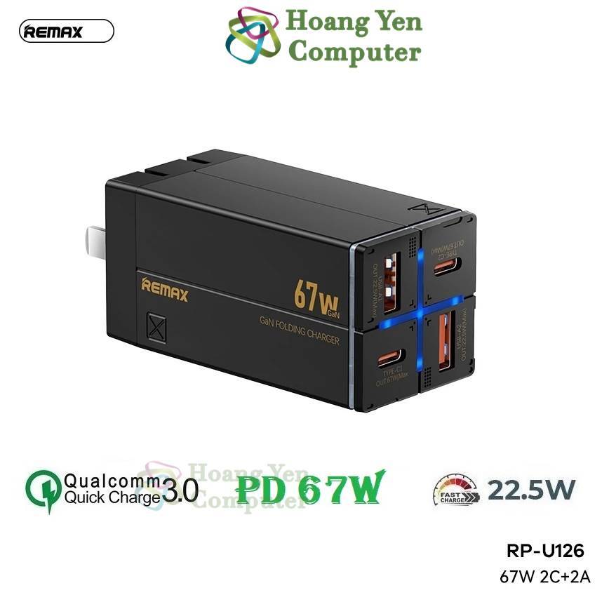 Cốc Sạc 4 Cổng Remax RP-U126 67W (2 Cổng USB, 2 Cổng Type C, Chân Cắm Gập Lại) - BH 1 năm - Hoangyencomputer