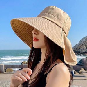 Mũ chống nắng nam nữ vành rộng che gáy có dây rút chất vải cotton mát thời trang