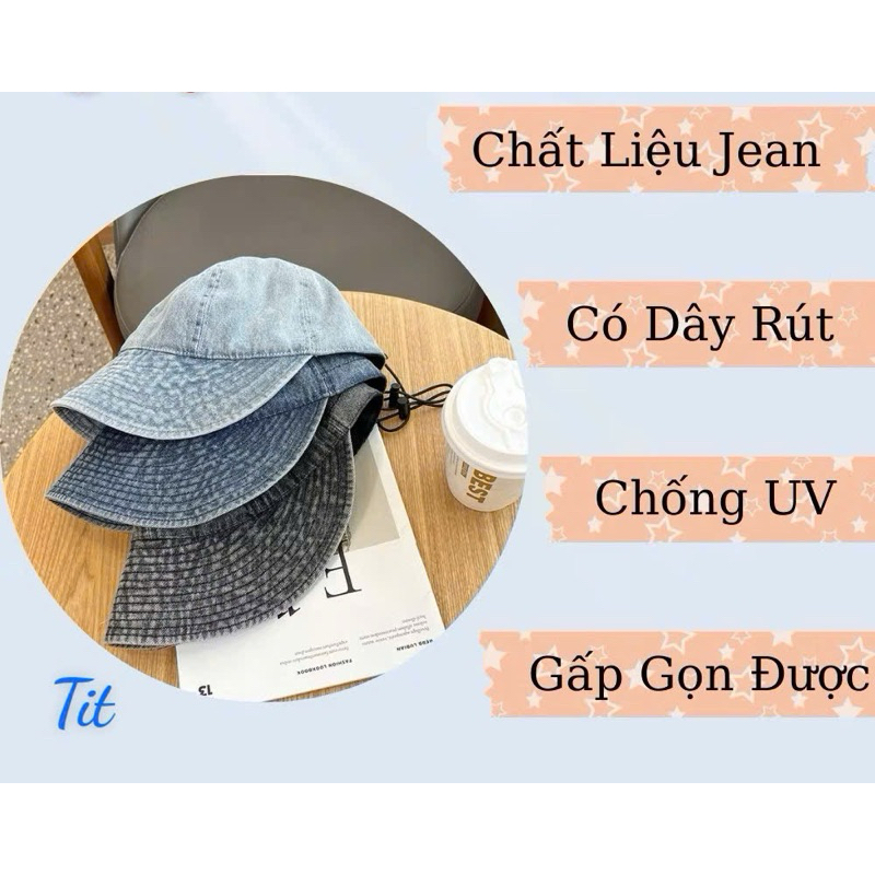 Mũ Chống Nắng Hàn Quốc Vải Jean Có Dây Rút Thoáng Khí Jussy Official Kiểu Nón Rộng Vành Nữ Che Nắng Uzzlang Chống Tia UV