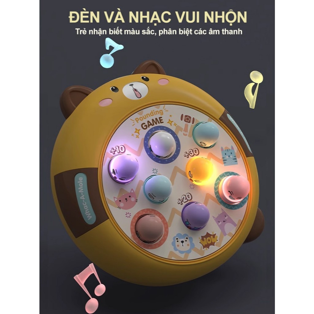 Đồ chơi Đập Chuột Hình Gấu Xoay 360 Độ Tặng 2 Búa Có Đèn Có Nhạc Đập Thỏ Dễ Thương