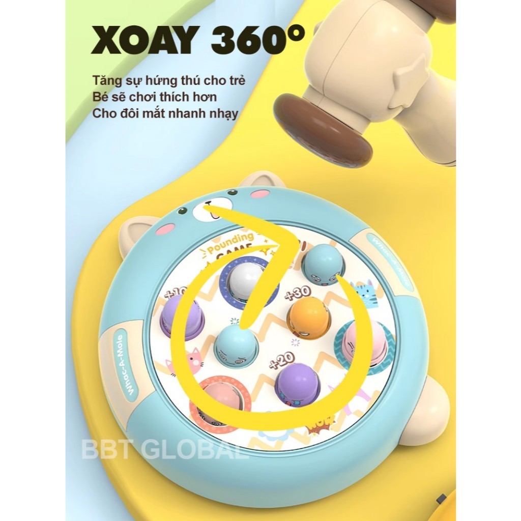 Đồ chơi Đập Chuột Hình Gấu Xoay 360 Độ Tặng 2 Búa Có Đèn Có Nhạc Đập Thỏ Dễ Thương