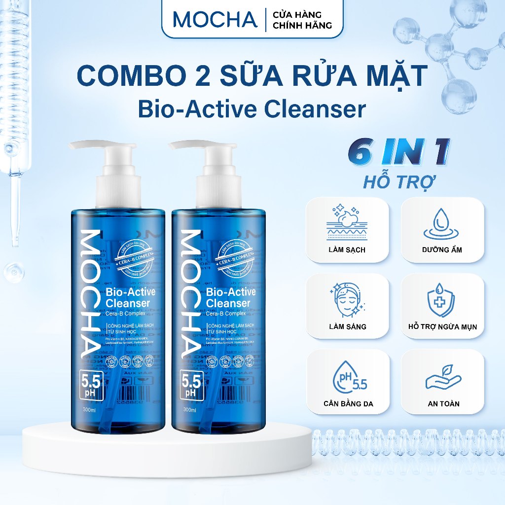 Sữa Rửa Mặt Mocha Bio Active Cleanser 300ml Dịu Nhẹ Lành Tính, Cho Da Dầu Mụn Nhạy Cảm