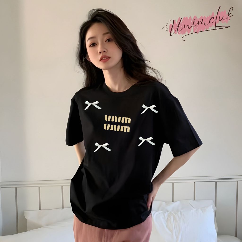 [Tặng kèm nơ lụa Korea2] Áo Thun Nơ Lụa Hàn Quốc Nhiều Màu In Cao Su Nổi Vải Cotton Cao Cấp Premium UnimClub - APN09