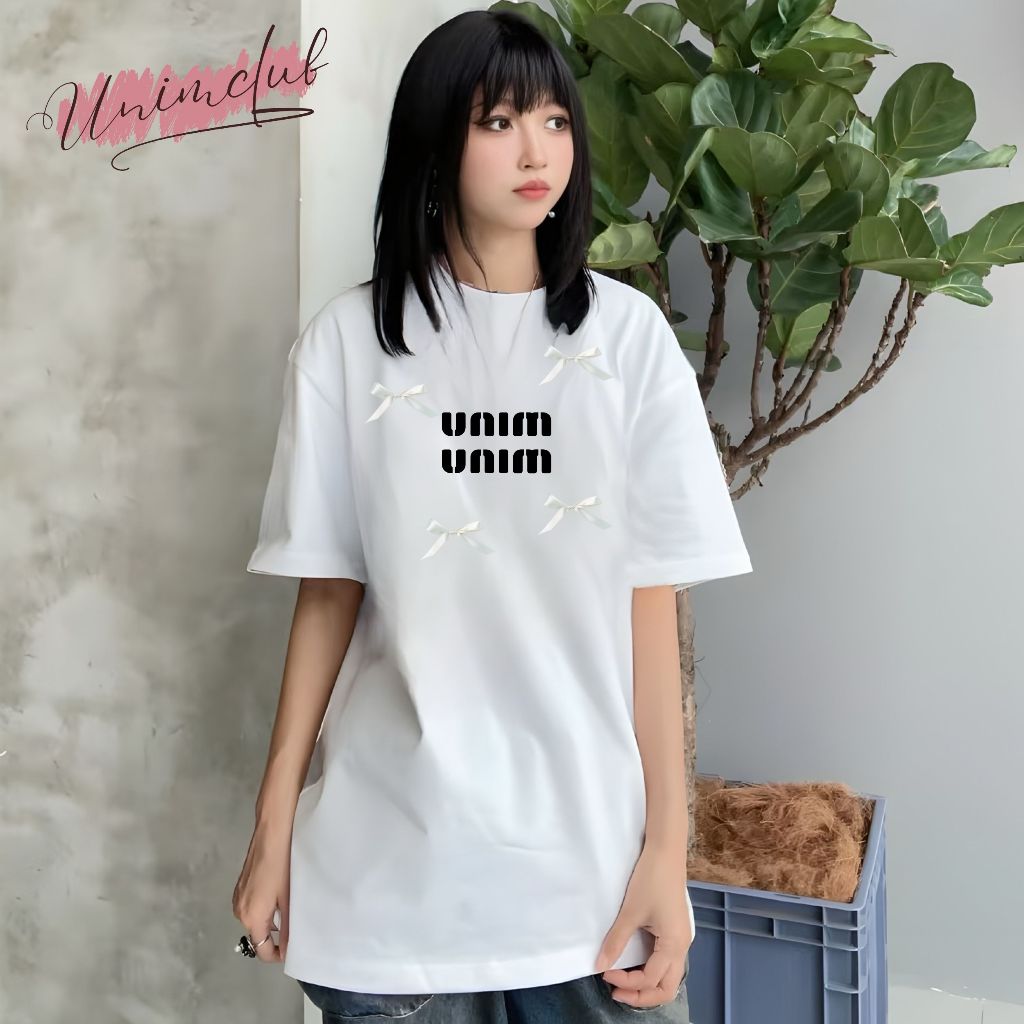 [Tặng kèm nơ lụa Korea2] Áo Thun Nơ Lụa Hàn Quốc Nhiều Màu In Cao Su Nổi Vải Cotton Cao Cấp Premium UnimClub - APN09