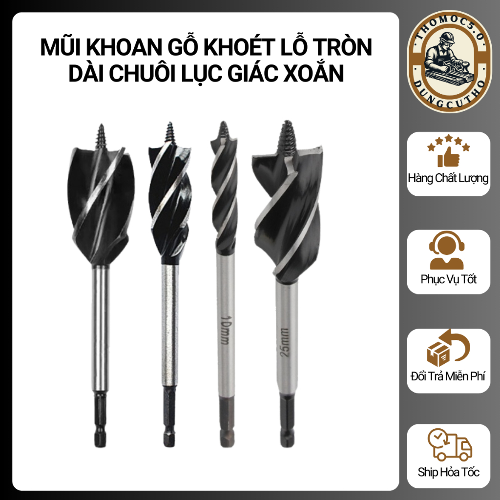 Mũi Khoan Gỗ Dài Xoắn Ốc Chuôi Lục Giác 6.35mm – Khoét Lỗ Tròn, Đa Kích Thước Từ 10mm Đến 35mm